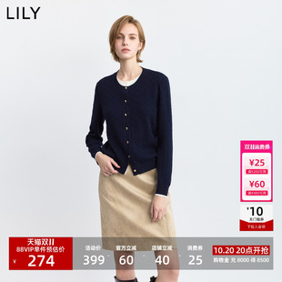 李沁代言LILY2026冬新款设计感假两件绞花圆领针织开衫外套女短款