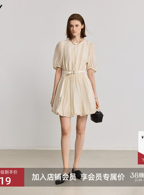 气球裙LILY2025法式垂感气质插肩灯笼袖腰带白色蓬蓬裙连衣裙女