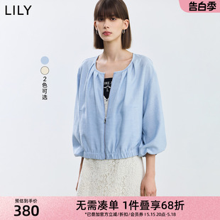 女装 LILY2024夏新款 轻薄宽松工装 通勤款 风复古圆领休闲短外套 时尚