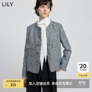 LILY2025冬新款 含羊毛格雷系小香风粗花呢气质通勤灰色外套女短款