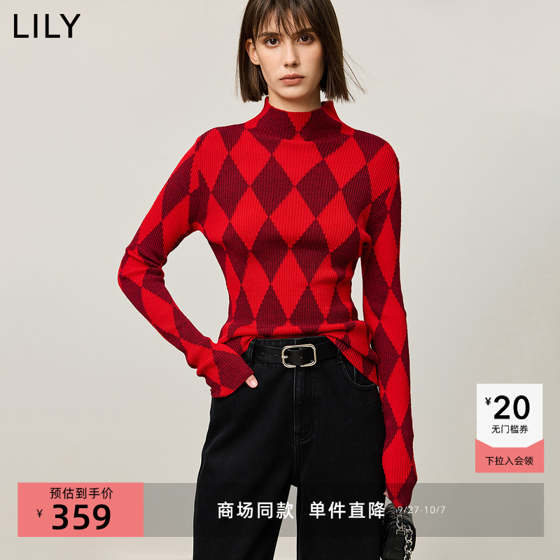 【100%绵羊毛】商场同款LILY2024冬新款女装圣诞菱格修身毛衣女款