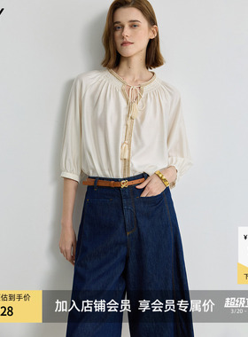 LILY2025新款法式气质司马克织带流苏休闲七分袖米白色套头衫女