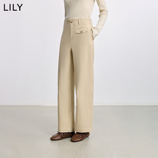 LILY2025冬新款女装简约弹力宽松休闲百搭通勤米白色弯刀裤阔腿裤