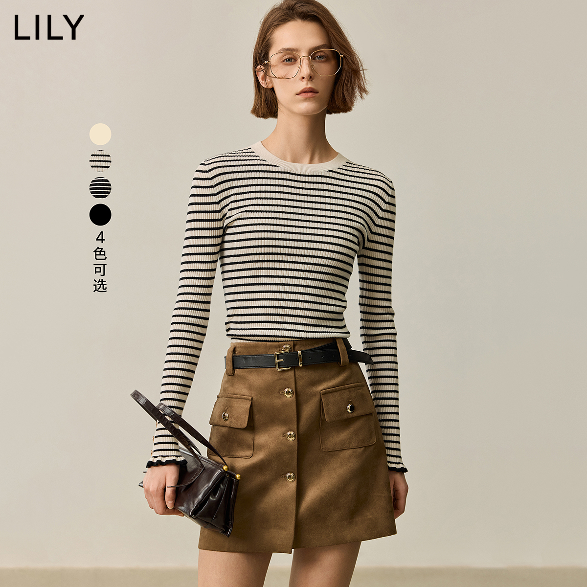 【商场同款】LILY2024冬新款女装绵羊毛山羊绒修身百搭针织衫打底