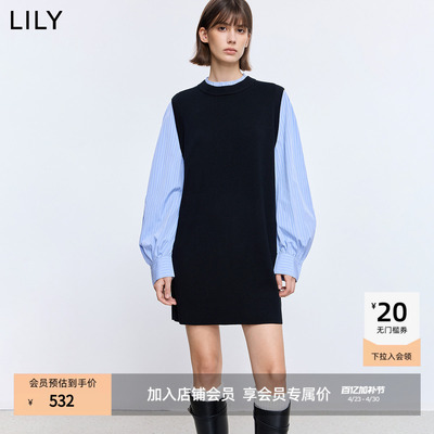 LILY通勤复古长袖拼接深色连衣裙