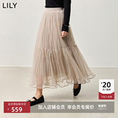 LILY2025夏新款 女装 设计感不规则压褶宽松休闲轻盈蓬松半身裙长裙