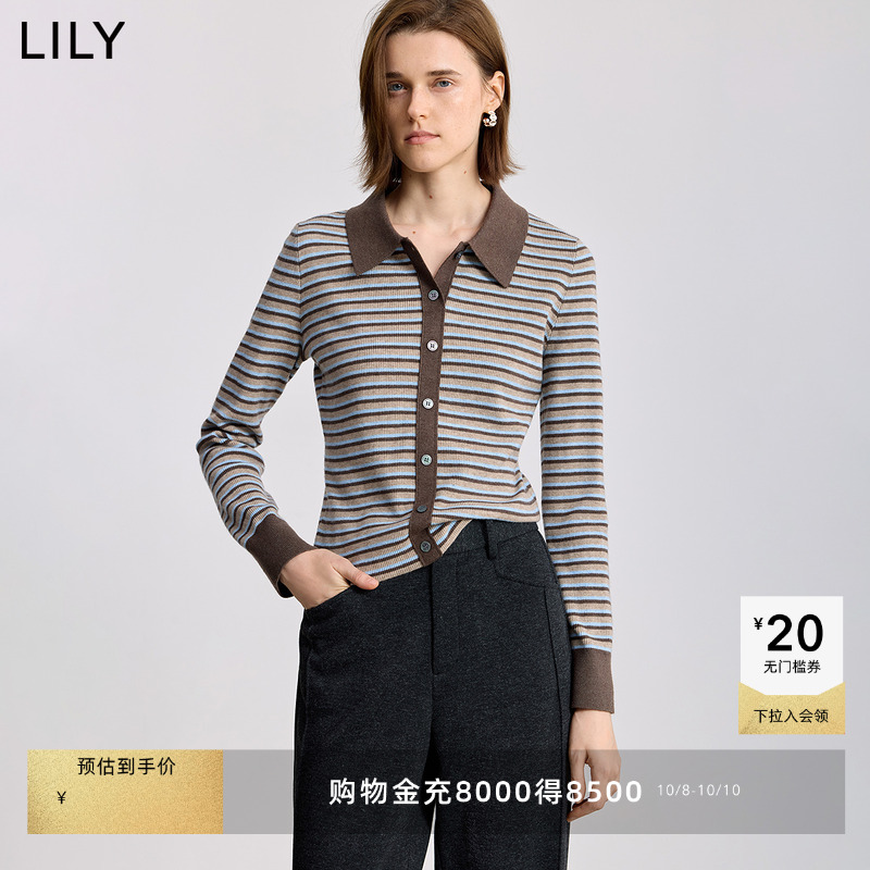 LILY加绒撞色翻领修身加厚开衫