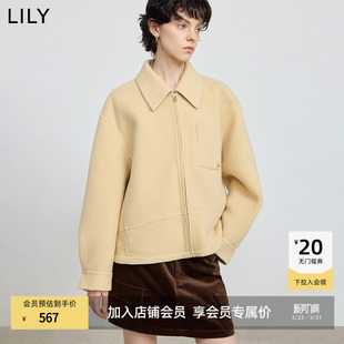 羊毛混纺翻领拉链纯色气质通勤毛呢外套短款 LILY2025冬新款 女装