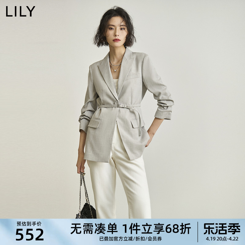 LILY2024春新款女装气质设计感腰带复古纯色通勤款休闲西装外套女