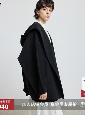 100%羊毛LILY2025冬新款翻领休闲通勤黑色双面呢浴袍式毛呢外套女