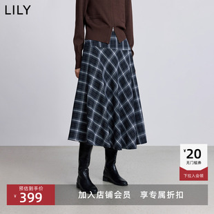 LILY2025冬新款 格雷系磨毛绒感撞色格纹气质通勤A字裙半身裙 女装