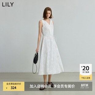 LILY2025新款 V领背心裙白色连衣裙长裙女 全棉绣花休闲收腰无袖