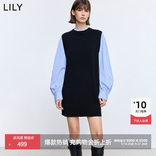 LILY2026春秋新款复古拼接条纹长袖气质通勤宽松直筒针织连衣裙女