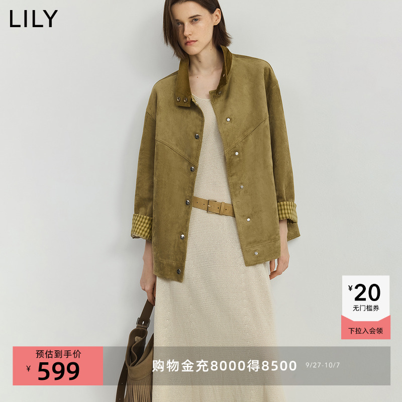 LILY通勤格纹麂皮灯芯绒工装夹克