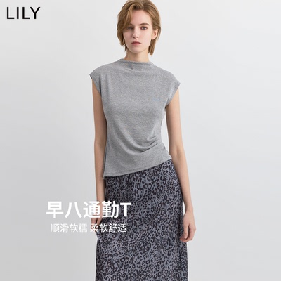 LILY短款莱赛不对称半高领T恤