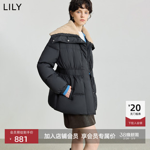 LILY2025冬新款女装复古撞色大毛领收腰90鸭绒通勤黑色羽绒服外套