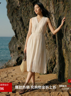 LILY2026夏新款女装纯棉法式V领镂空蕾丝绣花收腰白色无袖连衣裙