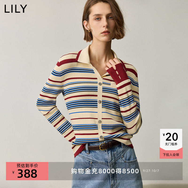LILY撞色翻领修身复古短款开衫