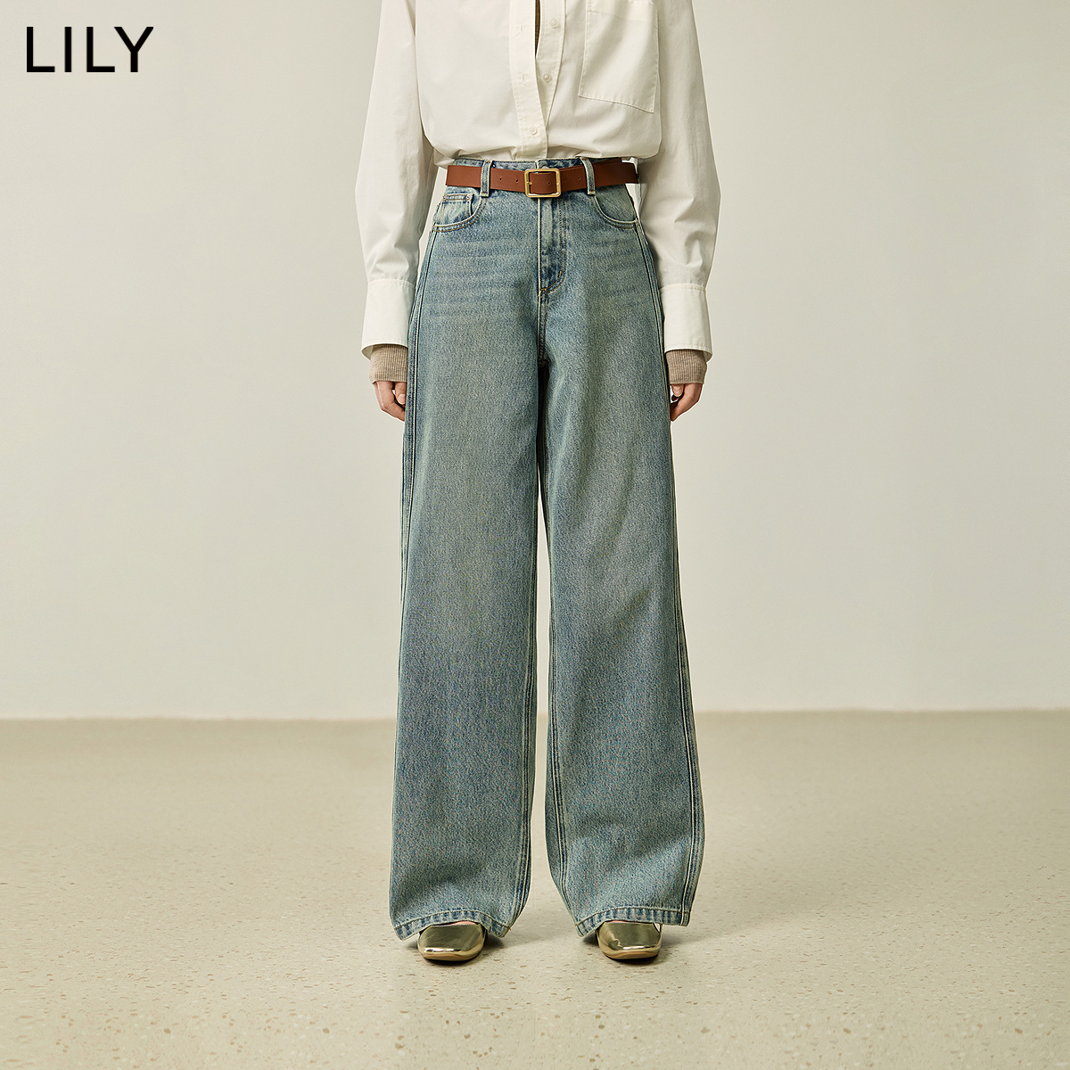 【商场同款】LILY2024冬新款女装全棉直筒做旧百搭阔腿裤牛仔裤女