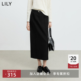 LILY2025冬新款 含羊毛弹力显瘦气质职业通勤黑色直筒裙半身裙 女装