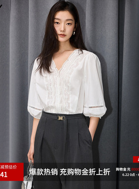 LILY2026夏新款法式气质重工花边V领全棉白色泡泡袖通勤雪纺衫女