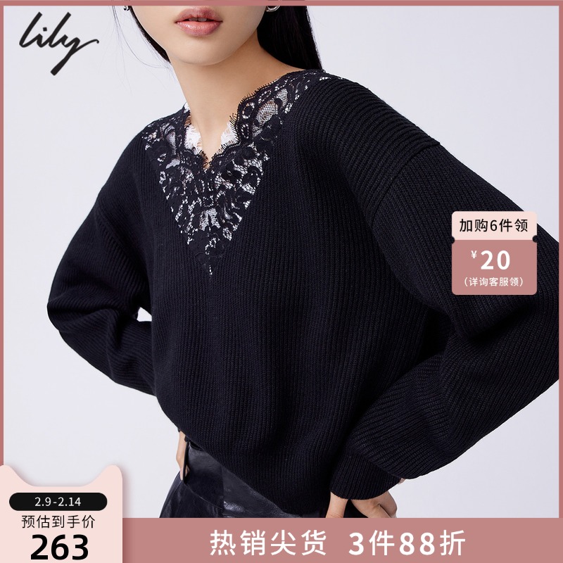 LILY秋新款女装复古蕾丝V领套头针织衫黑色宽松长袖毛衣外套