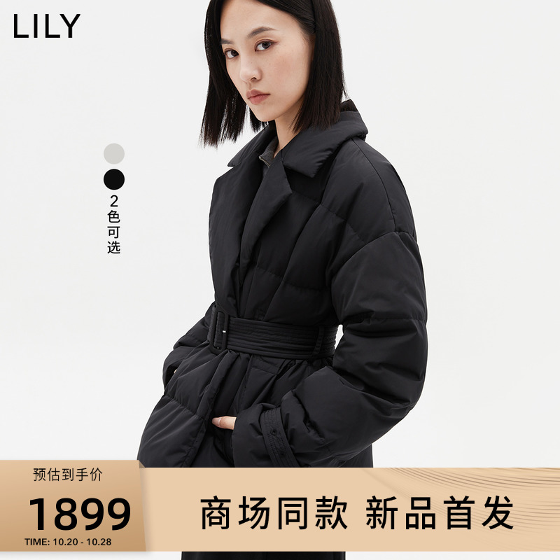 【商场同款】LILY2023冬新款女装保暖鹅绒显瘦腰带西装羽绒服外套