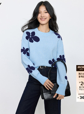 LILY2025新款含羊毛浪漫气质通勤立体提花蓝色针织衫圆领毛衣女