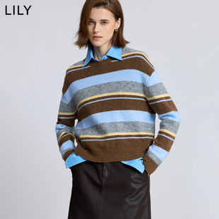 LILY2025冬新款羊毛羊驼毛混纺复古撞色条纹加厚加绒针织衫毛衣女
