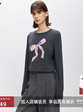 LILY2026春新款女装羊毛混纺格雷系撞色蝴蝶结圆领灰色针织衫毛衣