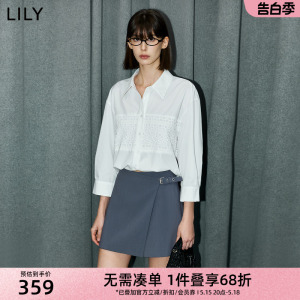 LILY2024夏新款女装气质优雅浪漫镂空设计感拼接通勤款宽松白衬衫