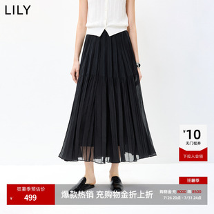 LILY2026秋新款复古压褶中高腰宽松休闲通勤百搭深色半身裙女长裙