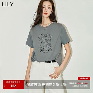 LILY2026夏新款女装复古小猫宽松休闲圆领百搭通勤短袖T恤上衣