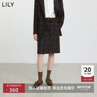 LILY2025冬新款女装羊毛混纺学院风格纹腰带气质通勤直筒裙半身裙