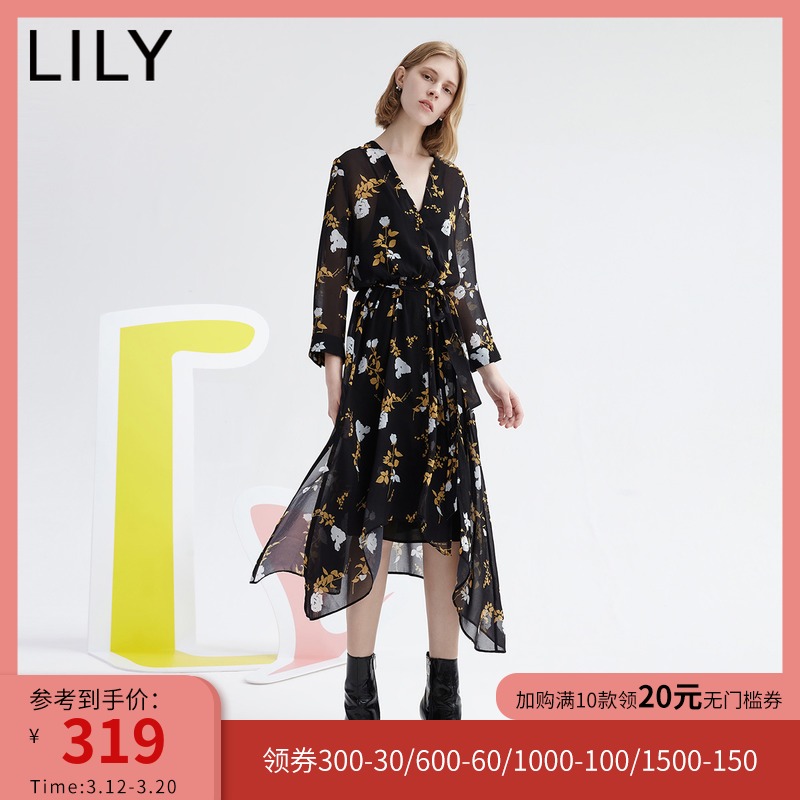 LILY春秋新款女装复古碎花高腰显瘦不规则长袖印花雪纺连衣裙