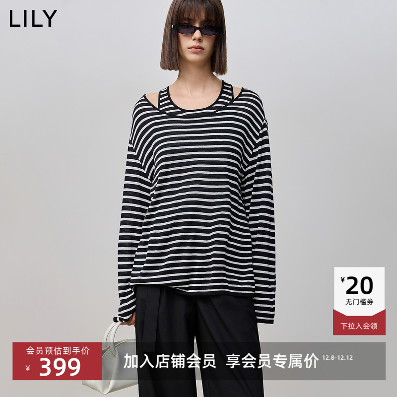 LILY撞色慵懒黑白条纹针织衫