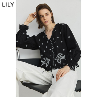 LILY2025新款棉麻波嬉风花边设计感波西米亚绣花V领长袖衬衫女