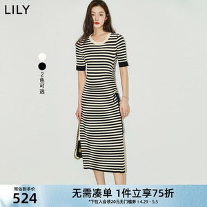 LILY2024夏新款女装别致抽绳气质通勤复古修身长款短袖针织连衣裙