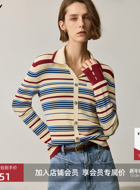 LILY2025新款复古翻领气质休闲撞色条纹修身针织开衫外套女短款