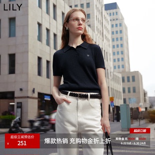 LILY2026夏新款含莱赛尔亚麻简约POLO领休闲通勤短袖针织衫女短款
