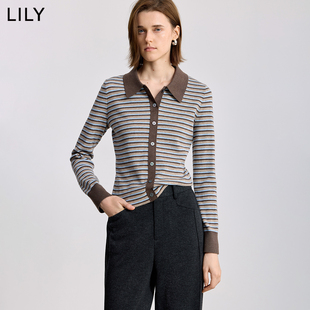 LILY2025冬新款女装含羊毛复古撞色条纹翻领修身加厚加绒针织开衫