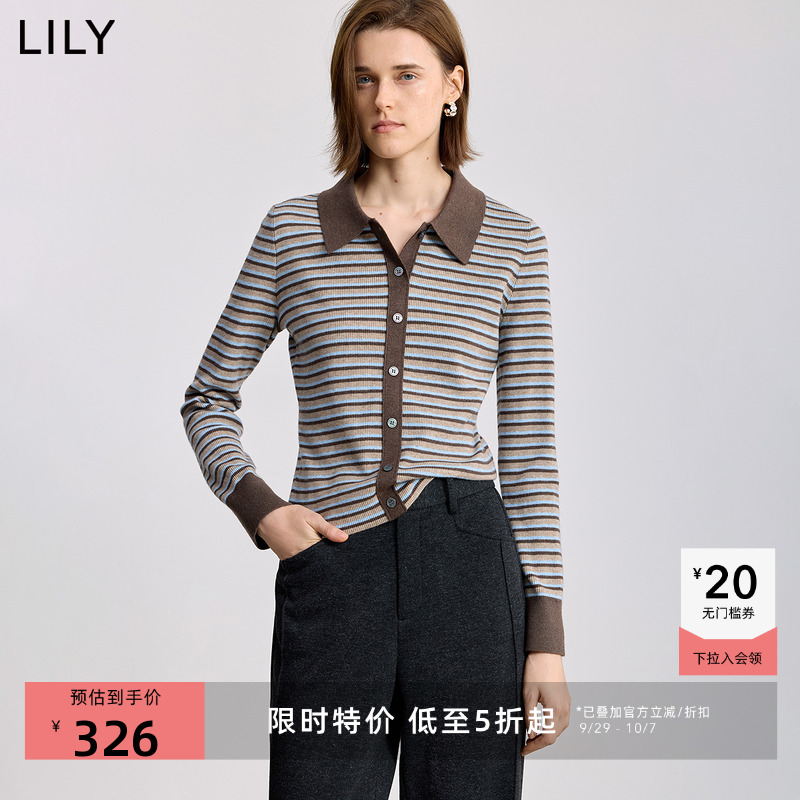 LILY加绒撞色翻领修身加厚开衫