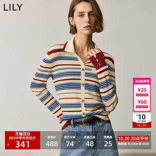 李沁代言LILY2026秋季新款复古翻领气质撞色条纹修身针织衫外套女