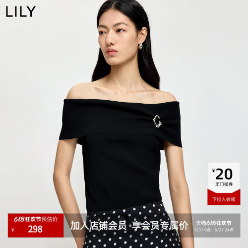 LILY通勤短款一字肩纯色针织短袖