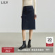 LILY2025新款 复古撞色弹力休闲气质通勤藏青色直筒牛仔裙中长裙