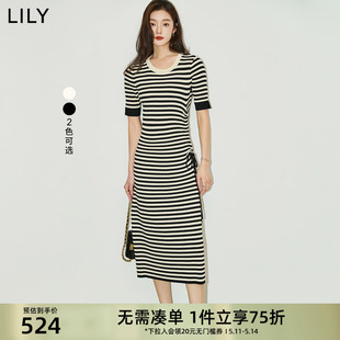 女装 LILY2024夏新款 短袖 长款 针织连衣裙 别致抽绳气质通勤复古修身