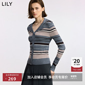 女装 撞色条纹修身 灰色长袖 100%美丽诺羊毛LILY2025冬新款 针织开衫