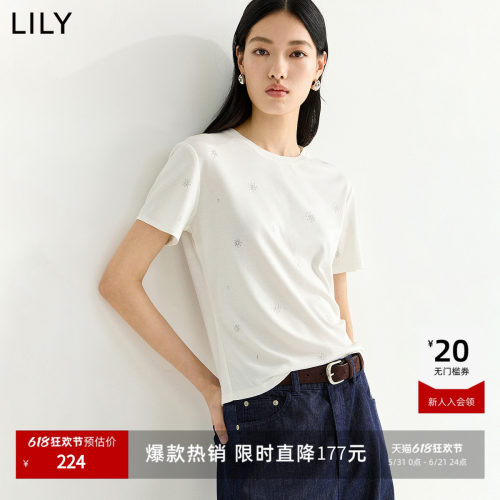 LILY通勤正肩烫钻莱赛尔混纺短袖