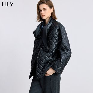 LILY2025冬新款女装含围巾复古PU皮菱格90鸭绒轻薄羽绒服外套短款