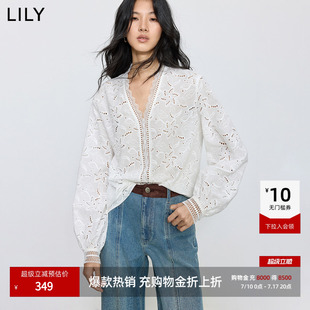 LILY2025新款女装纯棉重工法式蕾丝镂空绣花气质通勤白色套头衫